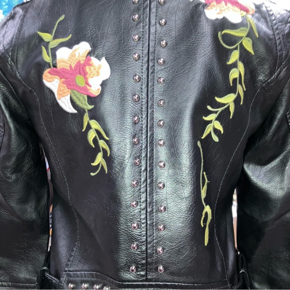 🎉Chic Boho Gorgeous Floral Print Embroidery Faux Leather Moto Bomber Jacket S - Picture 6 of 16